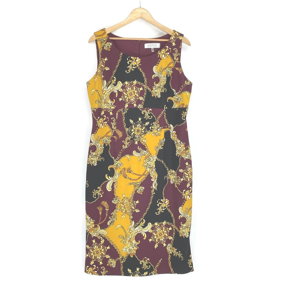 Kasper Women's 12 Sheath Burgundy Gold Black Baroque Chain Print Quiet Luxury